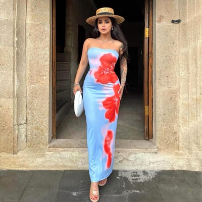 Dameskleding Nieuwe Sexy Strapless Print Heup Split Jurk voor Dames' Seaside M
