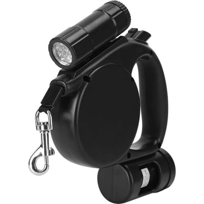 Laisse rétractable automatique portable pour animaux de compagnie 3 en 1 en plastique noir avec lumière LED et sac à déjections pour chiens chats black
