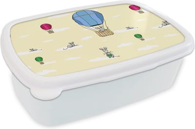 Broodtrommel Wit - Lunchbox - Brooddoos - Patroon - Muis - Luchtballon - 18x12x6 cm - Volwassenen