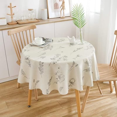 VHV - Tafelkleed - Rond tafelkleed met beige print - Katoen-linnen look, decoratief en zacht - Voor eettafel, woonkamer en picknick - 150 cm