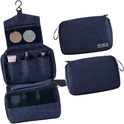 Trousse de toilette portable avec crochet de suspension Sac de voyage pour articles de toilette Sac à cosmétiques résistant à l'eau Organisateur de maquillage de voyage bleu marine