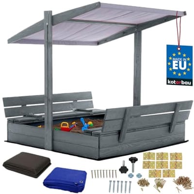 KOTARBAU® Houten Zandbak - 120 x 120 cm - Grijs - Zandbak met Bankjes - met Grijs Dak - en Grondzeil - voor Tuin - Buitenspeelgoed