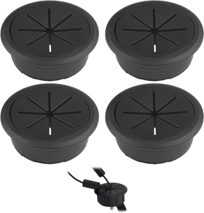 Set van 4 kabeldoorvoeren voor bureau, 60 mm, zwarte kunststof kabelgeleider - kabelinvoer voor tafel, kantoor, computer en werkmeubilair, ideaal voor kabelbeheer en organisatie