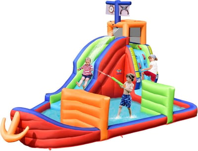 COSTWAY 6-in-1 springkasteel met waterglijbaan, klimwand, dartspel, speelzwembad, ringworp & waterpistolen, outdoor springslot voor kinderen, 460 x 310 x 290 cm