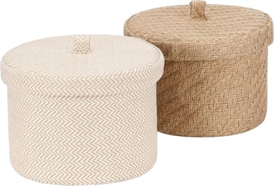 Team 2 stuks jute en katoenen linnen opbergmand, schattige ronde mand voor toiletartikelen, speelgoed, andere 5 liter bureau-gadget-organizer met deksel (medium C)