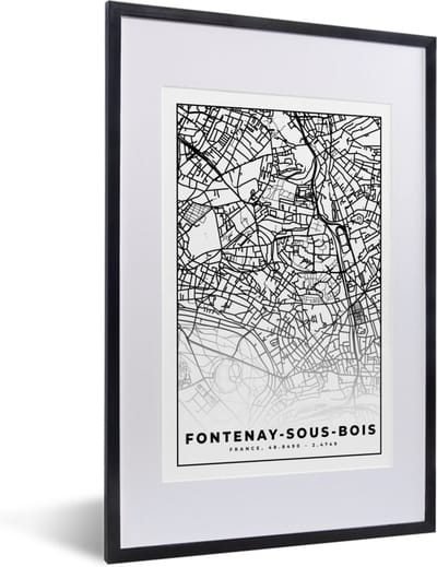 Fotolijst incl. Poster Zwart Wit- Frankrijk - Plattegrond - Fontenay-sous-Bois - Stadskaart - Kaart - Zwart wit - 40x60 cm - Posterlijst