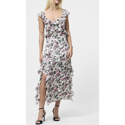 French Connection Ellie Kelsy Ruffled Slit Dress Cream Multi Größe: 10 | Midikleider Outlet | Damen | Weiß