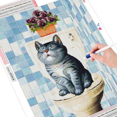Peinture de diamant de chat, broderie complète d'animaux ronds, point de croix, vente d'art en diamant, perceuse complète 20X30CM gray