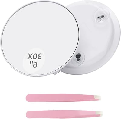 Vergrotende Spiegel met 30x Vergroting en Zuignappen, Inclusief 2 Roze Wenkbrauwclips, Ideaal voor Make-up en Reizen, 15 cm voor Slaapkamer en Badkamer