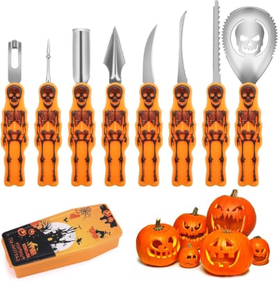 Complete Halloween Pompoen Snijset met 8 Stalen Sculptuur Gereedschappen en Opbergdoos voor Creatieve Decoraties