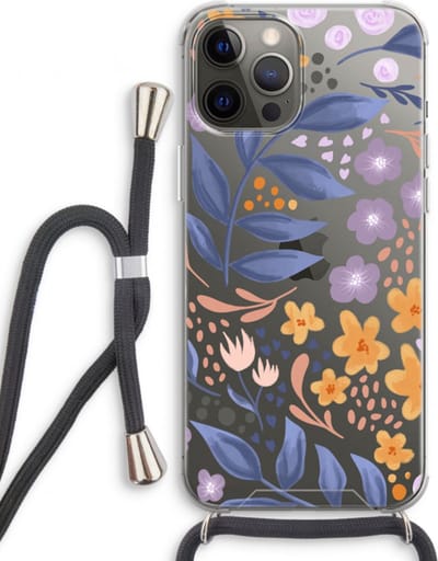 Case Company® - Hoesje met koord geschikt voor iPhone 12 Pro hoesje met Koord - Flowers with blue leaves - Telefoonhoesje met Zwart Koord - Bescherming aan alle Kanten en Over de Schermrand