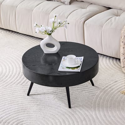 DESMIU Salontafel - Rond Ontwerp Met Houtstructuur - Voor Woonkamer En Kleine Ruimtes - MDF En Metaal - Zwart - 70 Cm