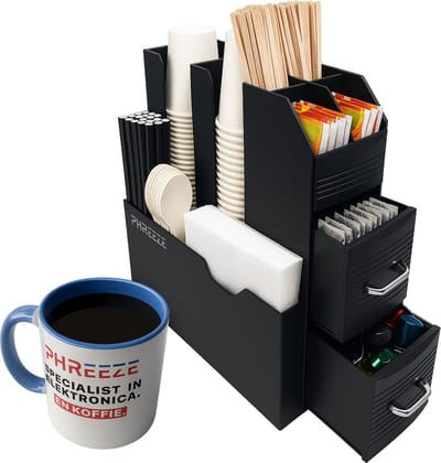 Phreeze Koffiecups Houder - Koffie en Thee Organizer - Koffiestation voor Aanrecht & Kantoor - Met 2 Lades - Staand - Zwart