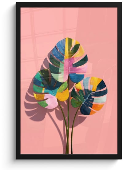 Poster in lijst - Fotolijst 40x60 cm - Posters - Bladeren - Geschilderd - Vlakken - Kleurrijk - Posterlijst zwart - Decoratie - Wanddecoratie woonkamer - Muurdecoratie slaapkamer