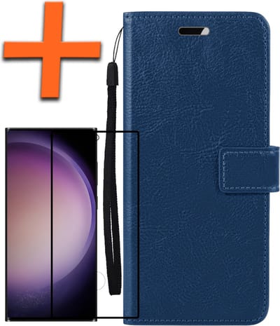 Hoes - Met Screenprotector - Geschikt voor Samsung Galaxy S23 Ultra - Luxe Pasjeshouder - Bookcase Portemonee - Flip Case - Kunstleer Book Case - Flipcase - Book Cover - Walletcase - PortemonneeHoes - Donkerblauw