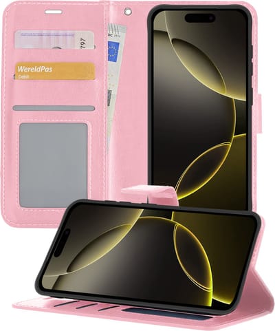 Hoesje - Met Pasjeshouder - Geschikt voor Apple iPhone 16 Pro - Luxe Bookcase Portemonee - Flip Case - Kunstleer Book Case - Flipcase - Book Cover - Walletcase - Portemonneehoes - Telefoonhoesjes - Lichtroze