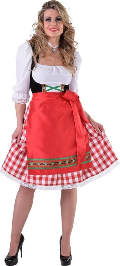 Luxe knielange dirndl voor Oktoberfest met witte vaste blouse en rood schort | Dames maat S (36)