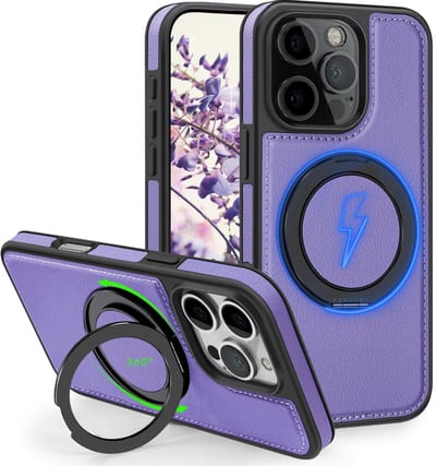Perfeqt hoesje geschikt voor iPhone 16 Pro leren BackCover met 360° Kickstand & Keyring houder - Soft Lavender