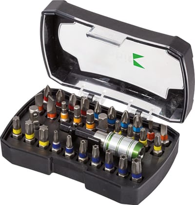 Schroefbitset, 31 delig, Bits Philips, Pozidrive, Torx, Hex, Sleuf, Incl. Magnetische Bithouder en Snelwisselkop, in stevige kunststof opbergdoos.