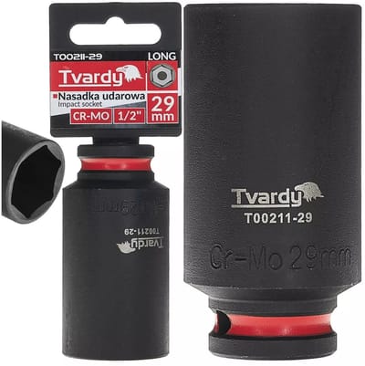 Tvardy lange slagdop zeskant 29 mm - chroom-molybdeenstaal - vierkantaandrijving 12,7 mm - zwart - voor slagmoersleutel en diep verzonken moeren