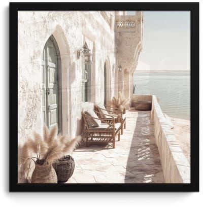 Poster in lijst - Fotolijst 40x40 cm - Posters - Terras - Stoelen - Strand - Beige - Posterlijst zwart - Decoratie - Wanddecoratie woonkamer - Muurdecoratie slaapkamer