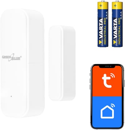 GreenBlue - Tuya slimme wifi- deur en raamsensor - Draadloze reedschakelaar - WiFi-openingssensor - 3,0 V DC, LR03x2, GB479 W + 2 batterijen