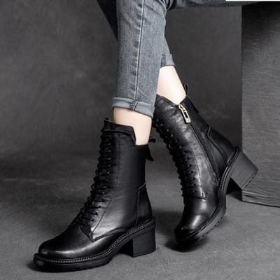 Kwaliteit Koeienleer Dames Schoenen Herfst Winter Vierkante Middelhoge Hak Enkellaarzen Vetersluiting Rits Dames Pumps Maat 35-40 35