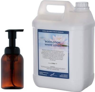 Zeepdispenser 300 ml amber bruin hervulbaar + 5 liter Bodylotion White Lotus navulling