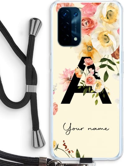 Gepersonaliseerd - Case Company® - Hoesje met koord geschikt voor Oppo A74 5G hoesje met Koord - Flirty Flowers Monogram - Telefoonhoesje met Zwart Koord - Bescherming aan alle Kanten en Over de Schermrand