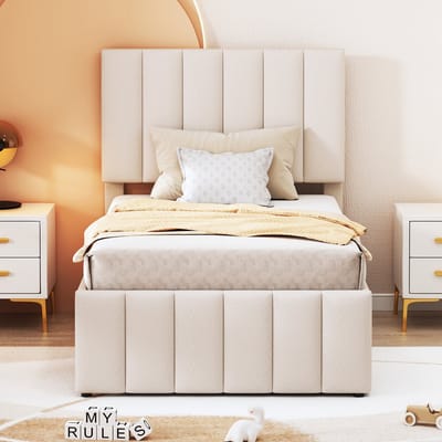 STILVORA Gestoffeerd Bed 90x200 Cm – Eenpersoonsbed Met Uittrekbed – 3 Opberglades – Verstelbaar Hoofdbord – Zonder Matras – Beige