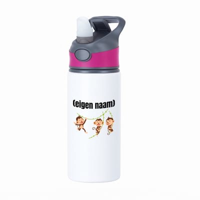 Hacebo® - slingerende aapjes met eigen naam waterfles met rietje roze - Aap - apen liefhebbers - iemand die houdt van apen - verjaardag - cadeau - kado - geschenk - water fles - 650ML