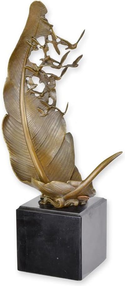 Bronzen sculptuur ‘Duiven uit Blad’ – Woondecoratie Beeld – bronzen beeld duiven/vogels – decoratief kunstobject – op sokkel – symboliek vrede & vrijheid – 35,5 cm hoog – Brons