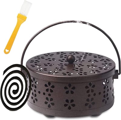 Vintage Insectenwerende Spiral Houder van Sandelhout, Metalen Wierookstok Houder met Schoonmaakborstel en Mobiele Functionaliteit