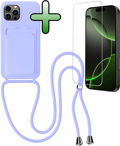 Hoes Geschikt voor iPhone 16 Pro Hoesje Pas Houder Case Hoes Met Koord Met Screenprotector - Hoesje Geschikt voor iPhone 16 Pro Hoes Met Telefoonkoord Pasjeshouder Cover - Lila