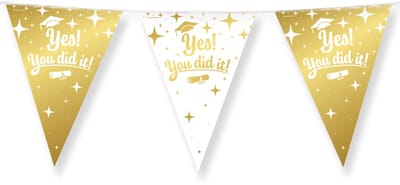 10 meter vlaggenlijn Wit/Goud folie - Yes! You did it! - 12 vlaggen - 30 cm - Dubbelzijdig gedrukt - Glimmende folie