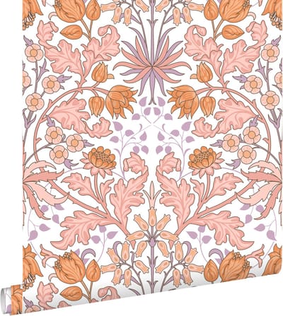 ESTAhome behang vintage bloemen in art nouveau stijl roze, oranje en paars - 50 x 900 cm - 131177