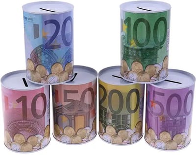 Spaarpotten Eurobiljetten en Munten - Verrassingsspaarpot - Metaal - Maat 10x15 cm - 1 stuk