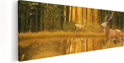 Artaza Canvas Schilderij Herten In Bos - 60x20 cm - Wanddecoratie Hert - Muurdecoratie Zonsondergang - Kamer Accessoires Woonkamer