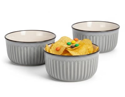 Excellent Houseware Serveer/chips schaaltje Striped - 2x - grijs - 14 x 7 cm - keramiek - kommetjes - 500 ml