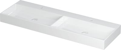 INK® United wastafel porselein dubbele wasbak met 2 kraangaten inclusief porseleinen click plug en verborgen overloop systeem 140x45x11cm, glans wit