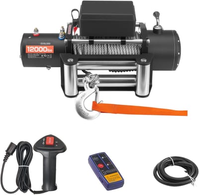 Elektrische Lier, Capaciteit 5400 Kg, 12V DC Vrachtwagenlier Met 9,1 mm X 24 m Stalen Kabel, Draadloze en Bedrade Afstandsbediening, IP55 Waterbestendig voor Het Slepen Van SUV's, Jeeps, Trailers, Boten en Offroad-Voertuigen