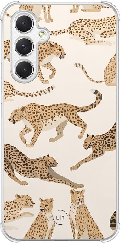 Shockproof hoesje - Geschikt voor Samsung Galaxy A54 - Cheetah - Extra sterke case - TPU/polycarbonaat - Print / Illustratie - Bruin, Transparant