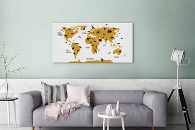 Wereldkaart kinderkamer dieren canvas | Wereldkaart Canvas Schilderij 100x50 cm
