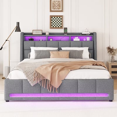 KOMHTOM Tweepersoonsbed 2 Laden 140 x 200 cm Sfeerverlichting met afstandsbediening hoofdeinde met USB Ingebouwd opbergvak Linnen Grijs