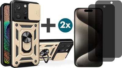 Hoesje met Privacy screenprotectors 2 stuks Geschikt voor iPhone 15 Pro met Ringhouder en Camera schuifje - Arara backcover - Goud