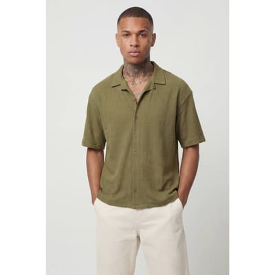 Korte Mouw Geribbeld Reverskraag Oversized Shirt | Khaki | Size XS