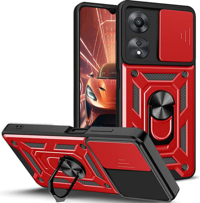 Casemania Hoesje Geschikt voor Oppo A58 4G - Rood - Anti-Shock Hybrid Armor Back Cover - Hoes met Kickstand Ring en Camera Bescherming