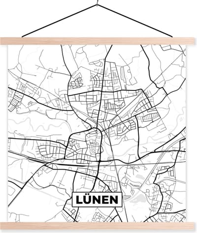Posterhanger incl. Poster 40x40 cm - Schoolplaat - Stadskaart - Kaart - Lünen - Plattegrond - Textielposter - Blanke latten - Stadskaart