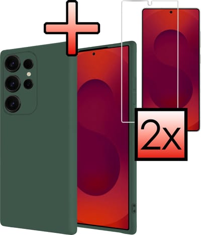 Hoesje - Met 2x Screenprotector - Geschikt voor Samsung Galaxy S25 Ultra - Sterk & Shockproof - Back Cover - Siliconen Case - Telefoon Hoes - Donkergroen