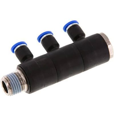 4mm x R1/4'' 3-way Manifold Messing/PA 66 Insteekfitting Buitendraad Draaibaar NBR